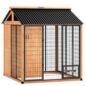 7' x 6' Extra Large Dog House, Wood Outdoor Dog Kennel with Storage Cabinet, Stainless Steel Bowls, Light Yellow 7' x 6' Extra Large Dog House, Wood Outdoor Dog Kennel with Storage Cabinet, Stainless Steel Bowls, Light Yellow